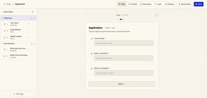 The form builder on a sample application form: two pages, five questions and the field settings beside them. Sample data.