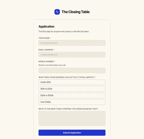 A public application form as a lead sees it: the first page of a sample form with name, email and mobile number, in the operator's brand colour. Sample data.